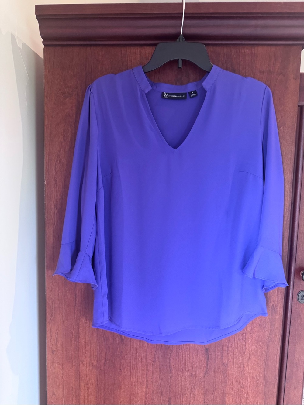 New York & Company Vibrant Purple V-Neck Ruffle Sleeve Blouse
